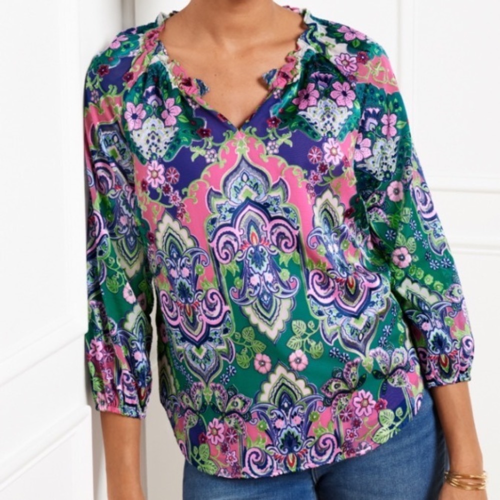 Talbots Womens Pink Green Paisley Silk Blend Burnout Velvet Blouse Top Small